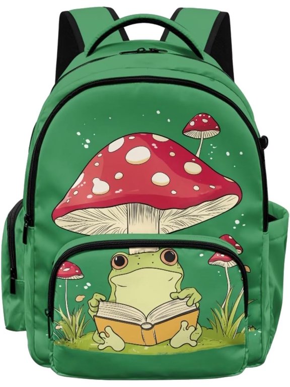 Frog Print Backpack Mushroom Printed Schoolbag Bookbag Large Capacity,Lightweight School Backpack Daypack,17 Inch