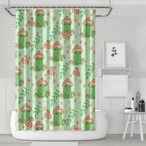 Frog Print Shower Curtain - Premium Green Cartoon Frog & Plant Design, Fade-Resistant Polyester Fabric, Waterproof Bath Curtain with Metal Grommets & 12 Hooks
