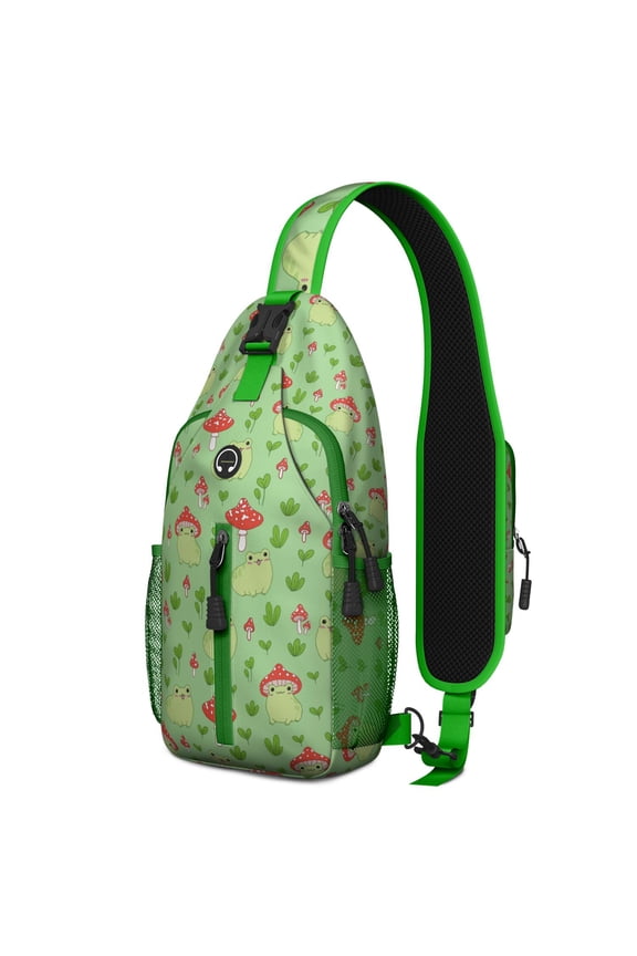 Frog Print Sling Backpack, Lightweight Crossbody Daypack with Cute Green Frog Cartoon Pattern, Mushroom and Flower Nature Design, Anti-theft Travel Bag for Forest Lovers, Daily Commute, Gym