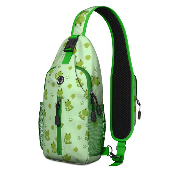 Frog Print Sling Backpack, Lightweight Crossbody Daypack with Cute Green Frog Cartoon Pattern, Mushroom and Flower Nature Design, Anti-theft Travel Bag for Forest Lovers, Daily Commute, Gym