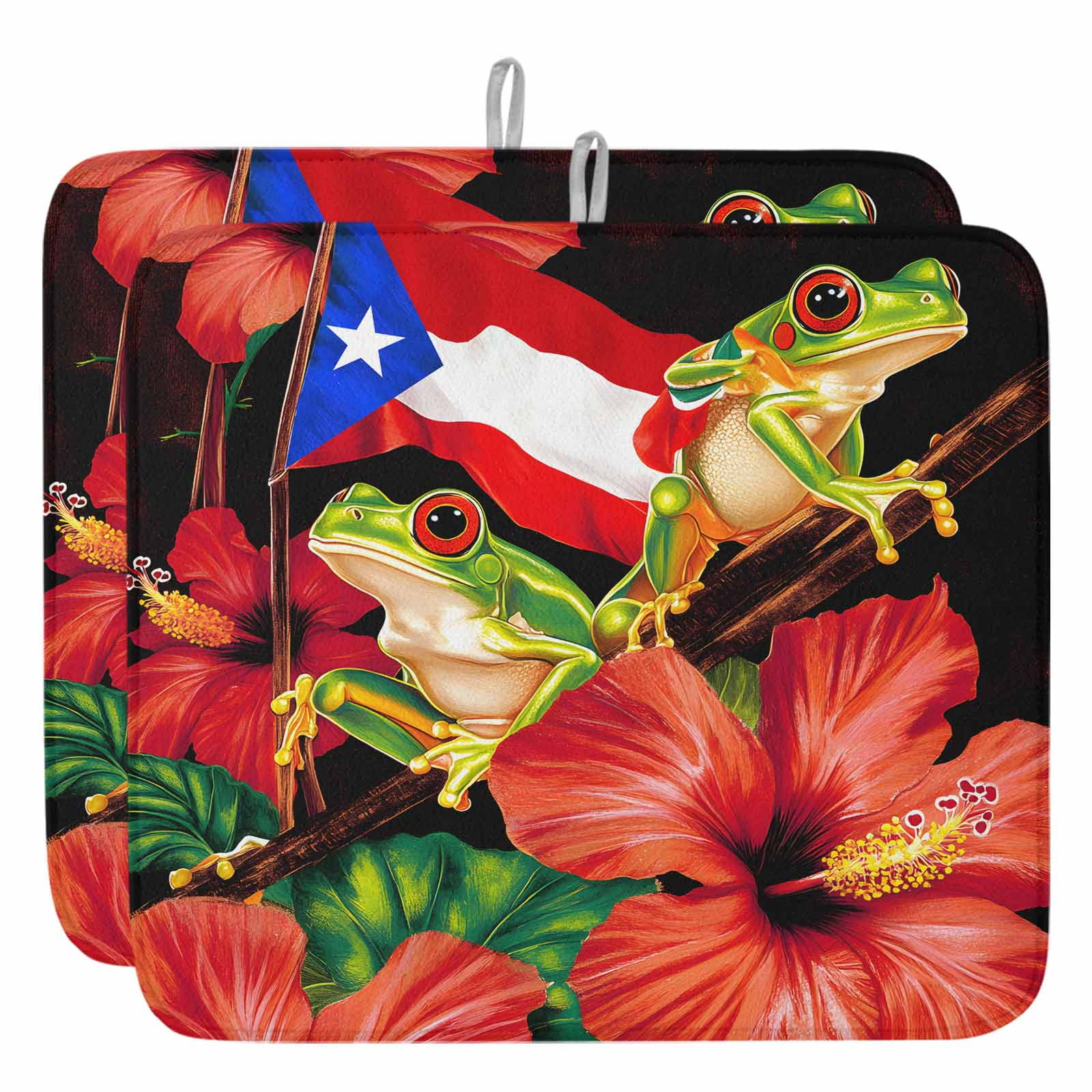 Frog Puerto Rico Flag Dish Drying Mat, Hibiscus Flower Absorbent Dish ...