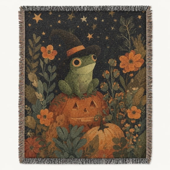 Frog Pumpkin Woven Cotton Throw Blanket with Fringe, Botanical Sofa Decor