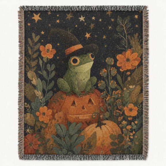 Frog Pumpkin Woven Cotton Throw Blanket with Fringe, Botanical Sofa Decor