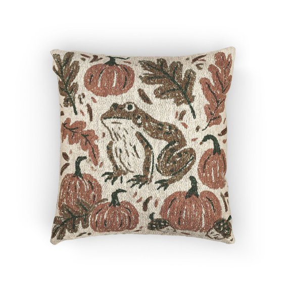 Frog, Pumpkins and Autumn Leaves Rust Orange and Green Double-Sided Woven Throw Pillow, 17 x 18 in
