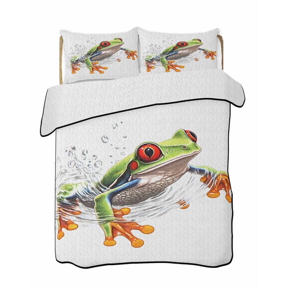 Frog Quilts Bedding Set Queen Size Watercolor Frog Lightweight Quilted Bedspread 3 Piece Bed Quilt with 2 Pillow Shams All Season for Bedroom 78" x 90"