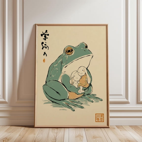 Frog With Rabbits Poster, Ink Illustration Print, Neutral Decor, Stylish Artwork, Printable Art, Modern Decorative Printor Bedroom Living Room Officend Contemp, Unframed Poster 8X10