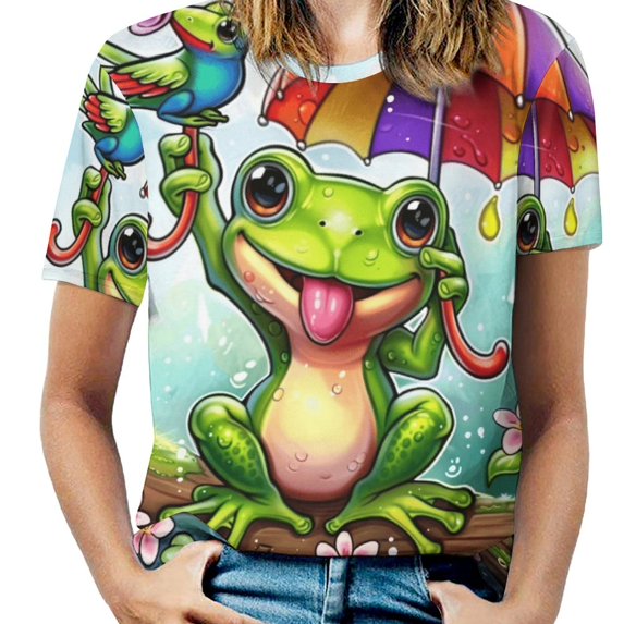 Frog Rainbow Umbrella Women's T-Shirt Short Sleeve T Shirts Tops Tee Ladies Loose T