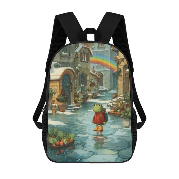 Frog Raincoat Rainbow Winter Town Travel Backpack 17 Inch Laptop Bag Student Backpack