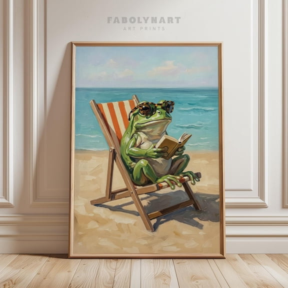 Frog Reading Book Wall Art Summer Animal Beach House Decor Book Lovers, Unframed Poster
