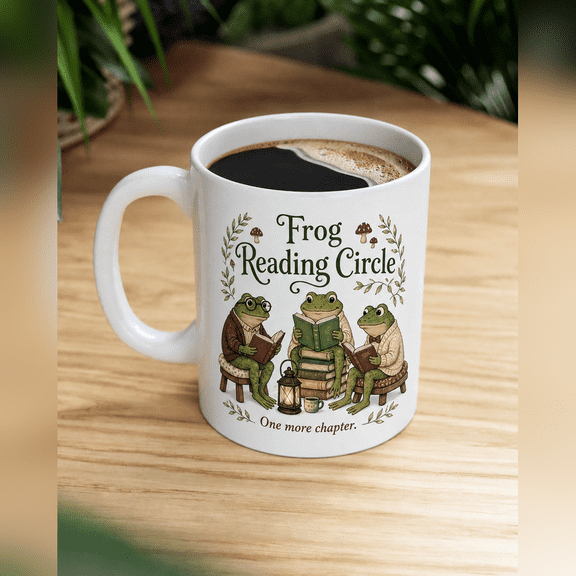 Frog Reading Circle Ceramic Coffee Mug Gift for Book Lovers