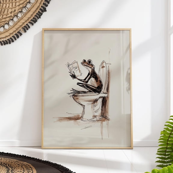 Frog Reading In The Bathroom Print, Playful Minimal Line Art For Powder Rooms Unframed Paper Print