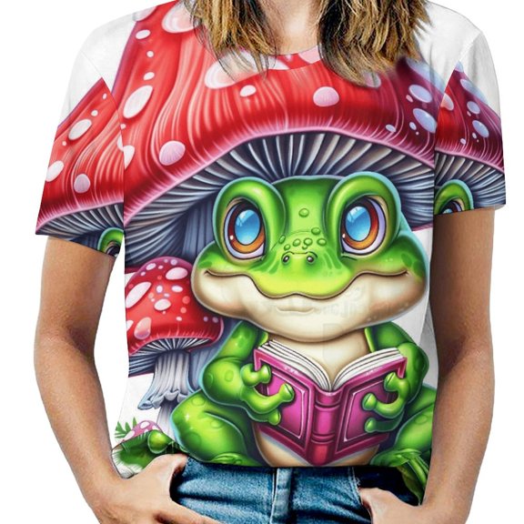 Frog Reading Mushroom Women's Short Sleeve Tops Casual Blouses T Shirt