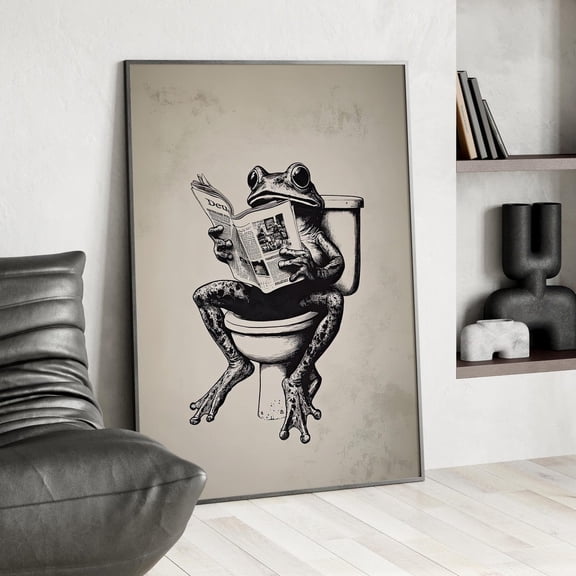 Frog Reading Newspaper Bathroom Wall Art, Quirky Vintage Humor Decor, Stretched Canvas Size 12x18