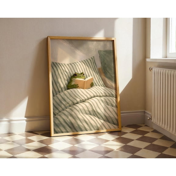 Frog Reading Nook Decor, Cottagecore Frog Wall Art, Unframed Paper Poster 8x10in