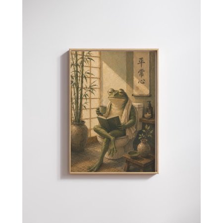 Frog Reading On Toilet Poster, Funny Japandi Bathroom And Self Care Animal Decor