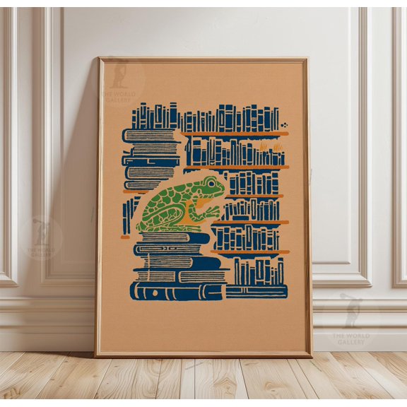 Frog Reading Poster Book Stack Art Animal Library Print 1