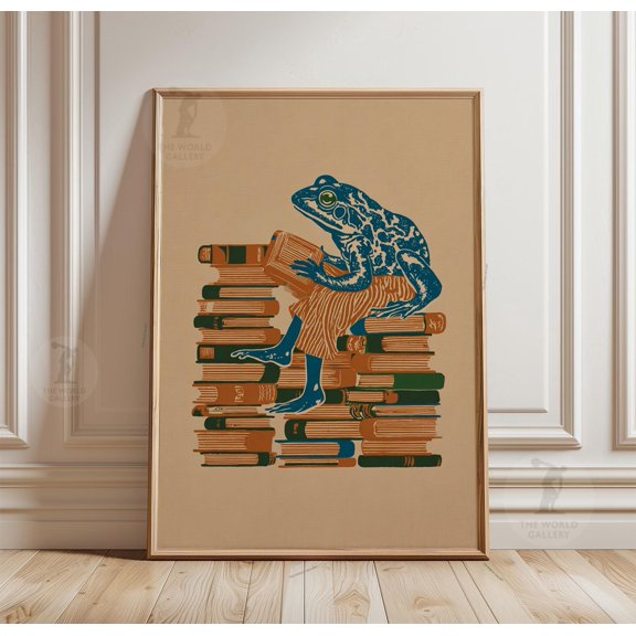 Frog Reading Poster Book Stack Art Animal Library Print 2