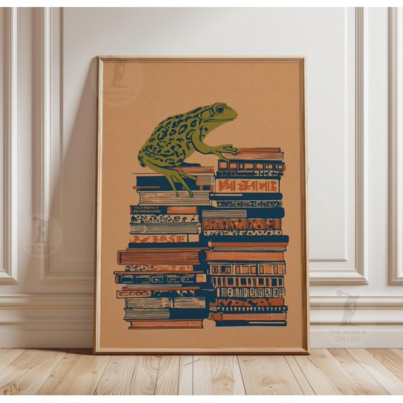 Frog Reading Poster Book Stack Art Animal Library Print
