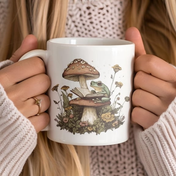 Frog Reading on Muom Coffee Mug Boho eseramic Cup.