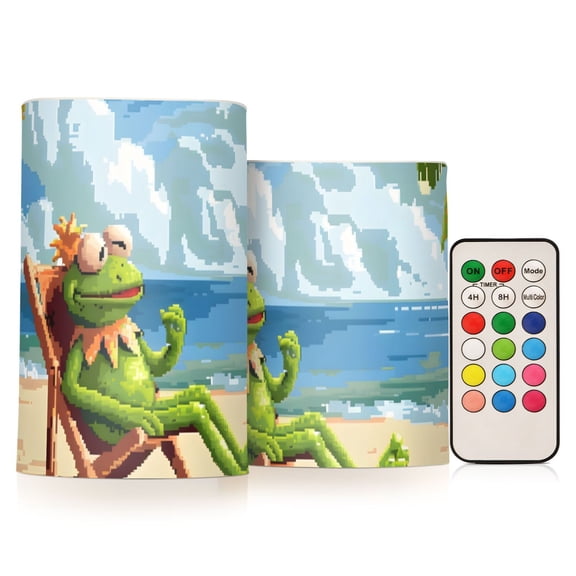 Frog Relaxing on Beach Flickering Flameless LED Candles set of 2 Battery Operated 18-Key Remotes Timer Halloween Fall Decor D3''xH4''5''