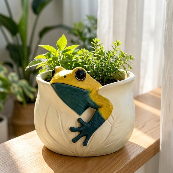 Frog Resin Flower Pot Decorative Planter Indoor Plant Pot Landscape Ornament Succulent Container Garden Craft Display for Desktop Windowsill Shelf Home Office Green Plant Decoration