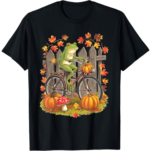 Frog Riding A Bicycle Fall Halloween Cottagecore T Shirt Size S-5XL
