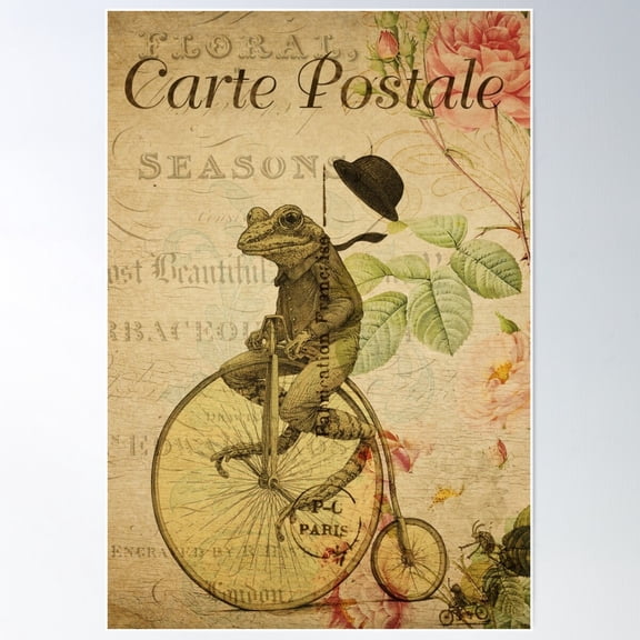 Frog Riding Penny Farthing Bicycle Vintage French Carte Postale Poster Wall Art, Modern Wall Decor For Living Room Bedroom, 8x12 UNFRAMED