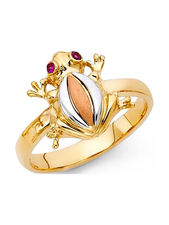 Frog Ring CZ Solid 14k Yellow White Rose Gold Toad Band Good Luck & Money Satin Polished Finish, Size 5
