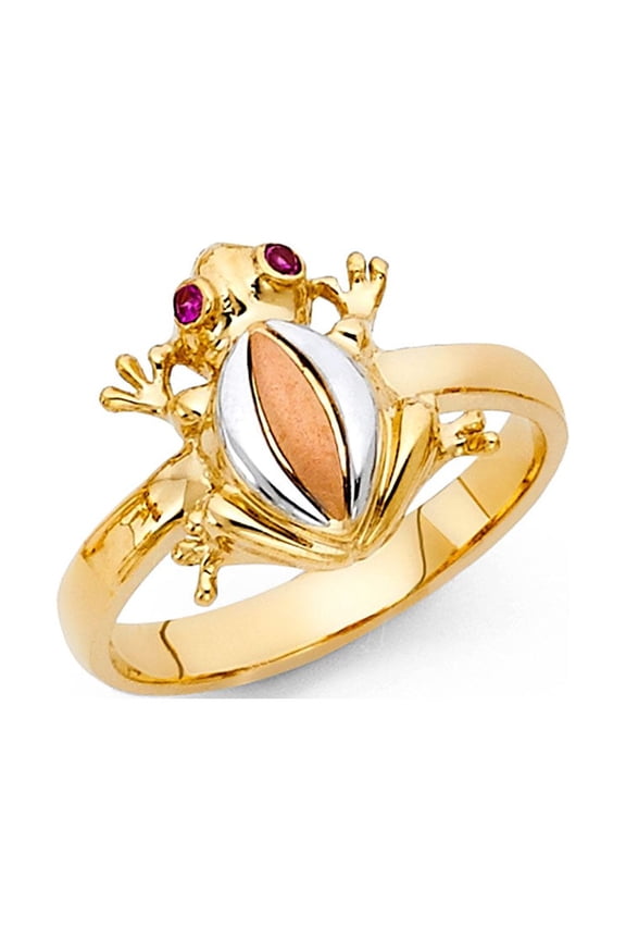 Frog Ring CZ Solid 14k Yellow White Rose Gold Toad Band Good Luck & Money Satin Polished Finish, Size 7.5