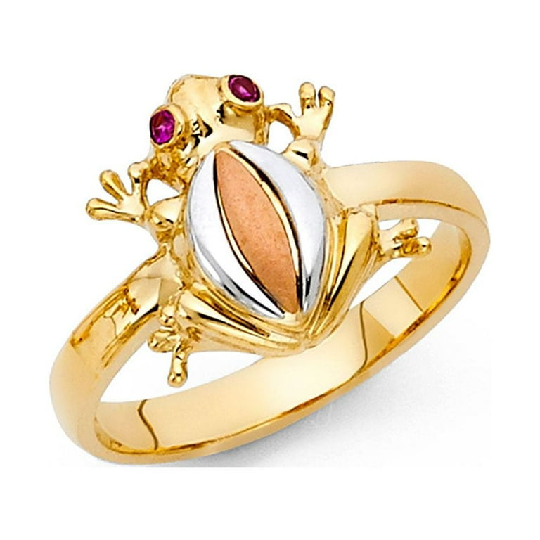 Frog Ring CZ Solid 14k Yellow White Rose Gold Toad Band Good Luck