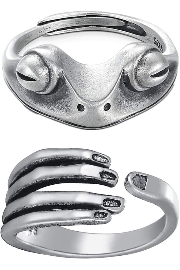 Frog Ring Hand Ring 2Pcs 925 Sterling Silver Rings for Women Men Frog Open Rings for Women Vintage Cute Animal Finger Ring Silver Fashion Party Jewelry Gifts