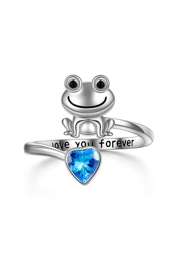 Frog Rings for Women Sterling Silver Frog Hold Blue Heart CZ Adjustable Rings Frog Jewelry(blue)