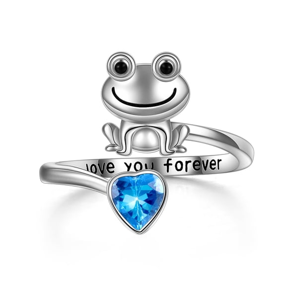 Frog Rings for Women Sterling Silver Frog Hold Blue Heart CZ Adjustable Rings Frog Jewelry(blue)
