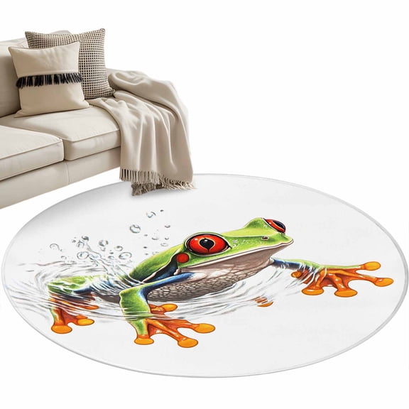 Frog Round Area&nbsp;Rug 3ft Watercolor Frog Non-Slip&nbsp;Washable Circle Rugs Soft Felt Indoor Floor Mat for Bedroom Kitchen Living Room Bathroom