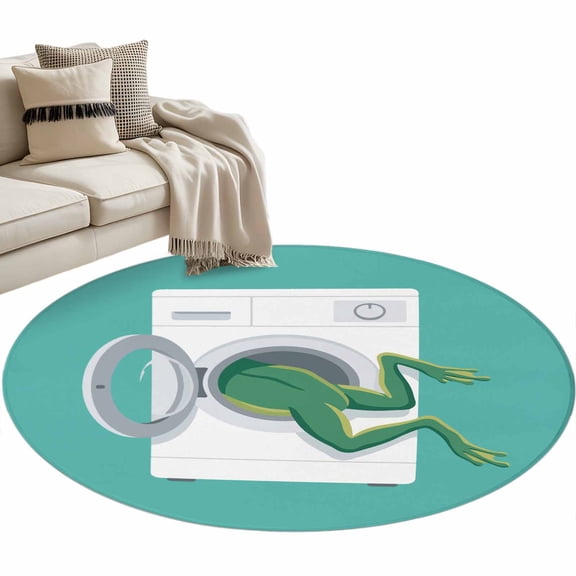Frog Round Rug 3.3ft Washable Circle Entryway Rugs Non Slip Teal Laundry Room Washing Machine Area Rug Indoor Floor Carpet for Bedroom Kitchen Living Room Home Office Dining Room Nursery