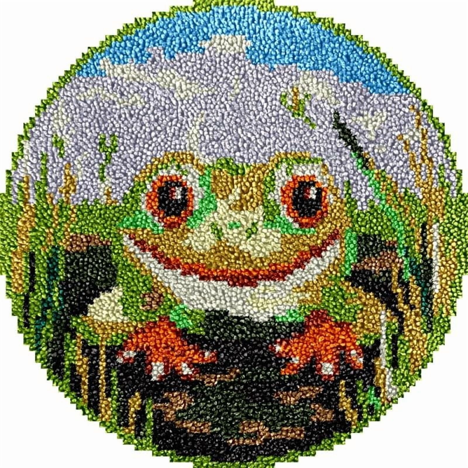 Frog Round Shape Latch Hook Rug Kits Set for Starter Crochet Hook Cushion Mat Sofa Seat Cushion Crocheting Kits with Preprinted Canvas Crochet Yarn Kits 50X50cm (ui118)
