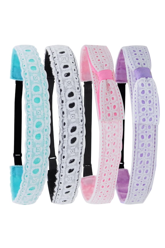 Set-4 Non Slip Lace Headbands for Girls - Adjustable Eyelet Hair Bands