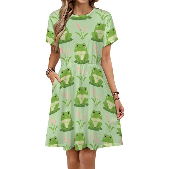 Frog Seamless Pattern Dress Summer Street Style Dresses Female Short Sleeve Printed Sundress