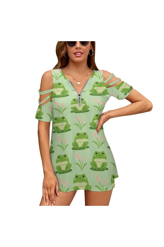 Frog Seamless Pattern Womens Summer V Neck Zipper Top Short Sleeve T Shirt Off Shoulder Top Casual Classy Loose Shirts