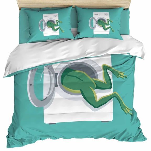 Frog Set of 4 Bedding Quilt Covers, Teal Laundry Room Washing Machine 4-Piece Bed Sheet Set with Extra Soft Bed Sheets Quilt Cover Pillowcase, Queen