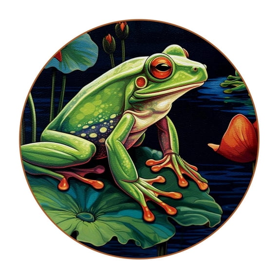Frog Set of 6 Microfiber Leather Round Coasters, 11x11 cm/4.3x4.3 in, Cute and Durable Drink Mats for Home and Office