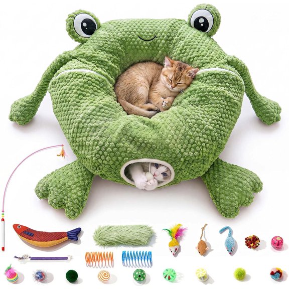 Frog Shaped Cat Tunnel Bed with 20 Toys Large Light Green