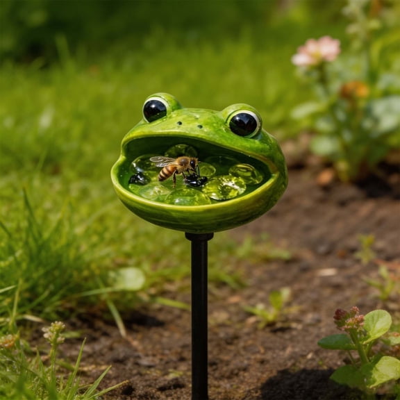 Frog Shaped Ceramic Bee Water Feeder with Metal Stake, Outdoor Pollinator Bird Bath Garden Decor