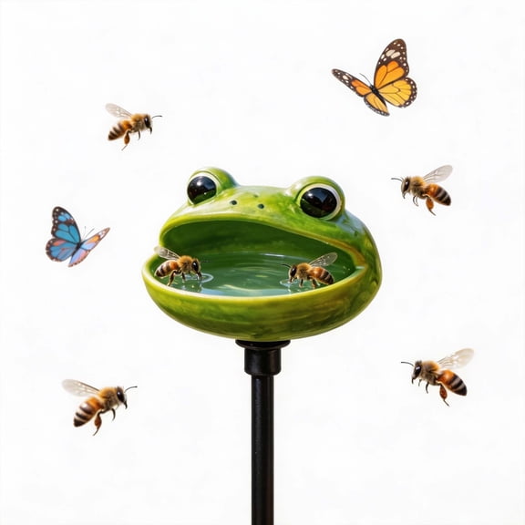 Frog Shaped Ceramic Bird Bath, Butterfly Water Feeder with Stake, Safe Pollinator Drinking Station for Bees, Butterflies, Birds, Easy Clean, Outdoor Garden Decoration, Gift for Nature Lovers