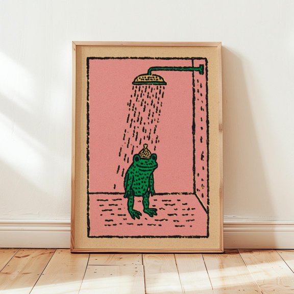 Frog Shower Animal Quirky Bathroom Illustration Pink Background Decor