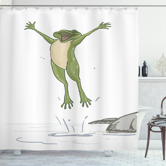 Frog Shower Curtain, Frog Jumping in Excitement in the Water Happy Toad Freedom Relax Lifestyle Humor, Fabric Bathroom Set with Hooks, 69W X 75L Inches Long, Olive Green Grey, by Ambesonne