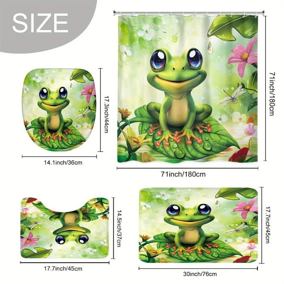 Frog Shower Curtain Set, Including Waterproof Shower Curtain with 12 Plastic Hooks, Bathroom Anti-Slip Floor Mat, Toilet U-Shaped Mat, Cover Mat, Bedroom Cool Home Bathroom Decor