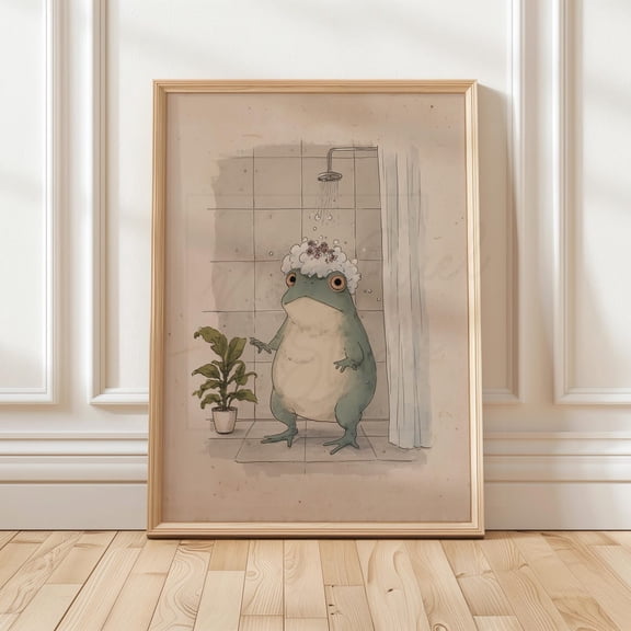 Frog Shower Wall Art Print, Kawaii Bathroom Decor