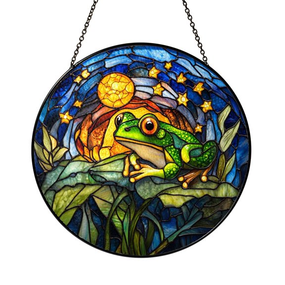 Frog Silhouette with Stars Stained Glass Window Hanging