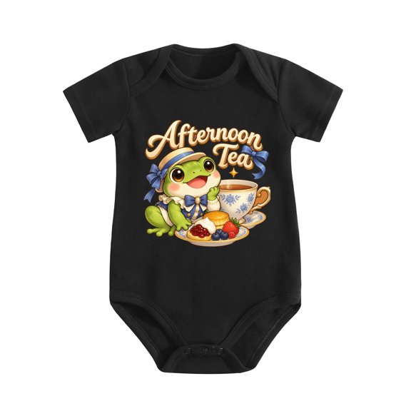 Frog Sitting By Tea Cup Baby Bodysuit, 100% Cotton Short Sleeve Snap Romper, 0-12 Months